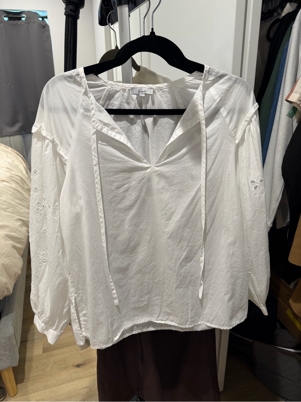 Rails White Women's Peasant Blouse with Tie Neck
